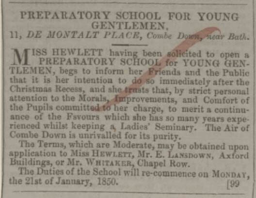 Miss Hewlett's prep school at 11 De Montalt Place - Bath Chronicle and Weekly Gazette - Thursday 17 January 1850