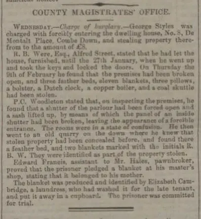 mr were burgled at 8 de montalt place bath chronicle and weekly gazette thursday 1 march 1855