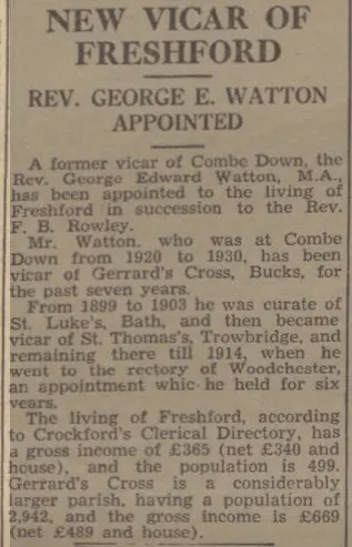rev george edward watton becomes vicar of freshford bath chronicle and weekly gazette saturday 4 december 1937