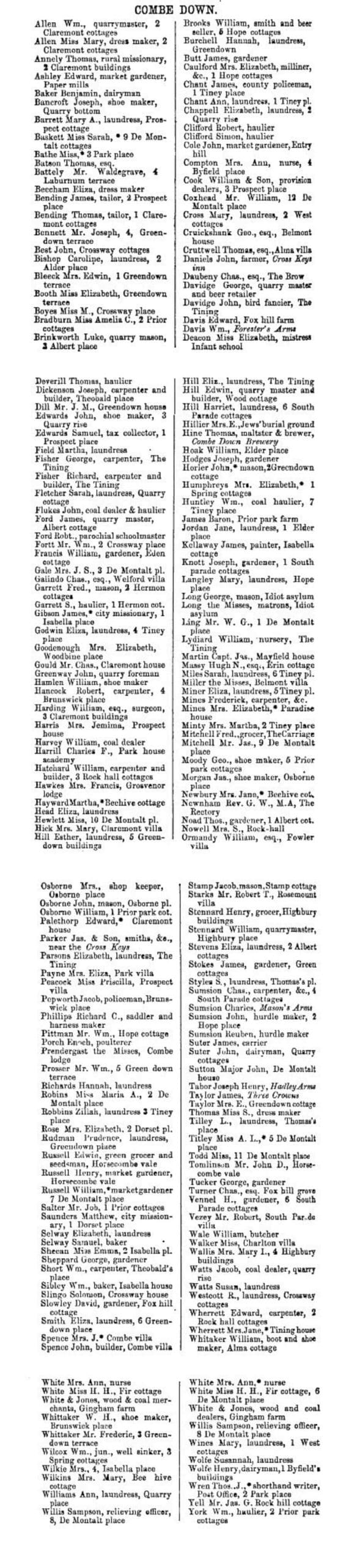 1864 - 65 Post Office Directory for Combe Down