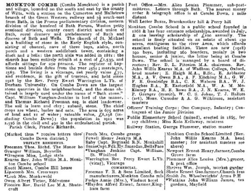 1919 Kelly's Directory for Monkton Combe