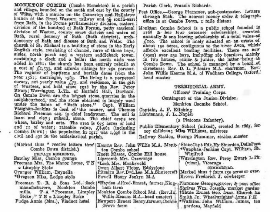 1923 Kelly's Directory for Monkton Combe