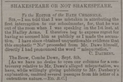 Charles Daubeney's Shakespeare apology - Bath Chronicle and Weekly Gazette - Thursday 10 September 1885