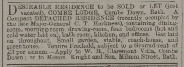 combe lodge for let or sale bath chronicle and weekly gazette thursday 10 march 1881