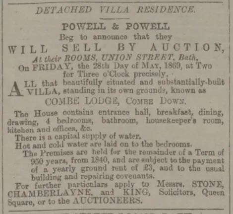 combe lodge for sale bath chronicle and weekly gazette thursday 29 april 1869