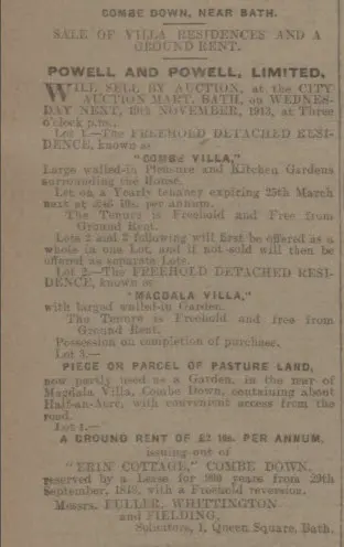 combe villa for sale bath chronicle and weekly gazette saturday 15 november 1913