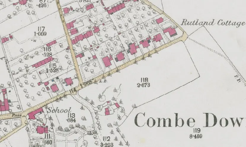 detail from 1873 1888 map showing eastern end of church road combe down