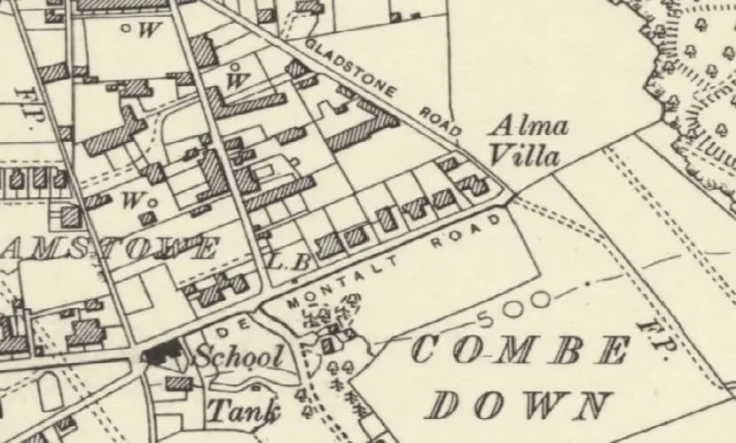 detail of 1888 1913 map showing eastern end of church road combe down