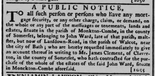 john ward maltster of monkton combe bath chronicle and weekly gazette thursday 20 december 1781
