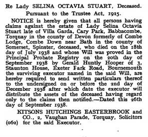 Lady Selina Stuart, The London Gazette, 30 September, 1938