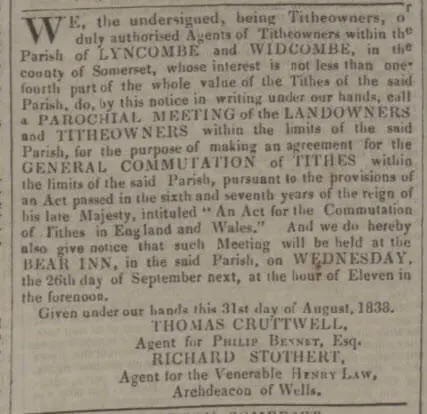 lyncombe widcombe tithes commutation bath chronicle and weekly gazette thursday 20 september 1838