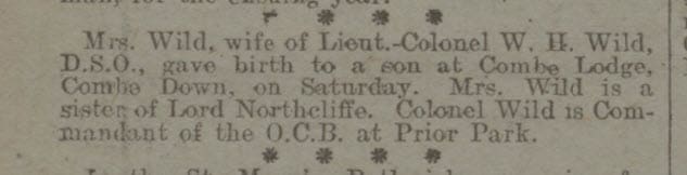 Mrs Wild gives birth at Combe Lodge - Bath Chronicle and Weekly Gazette - Saturday 12 January 1918