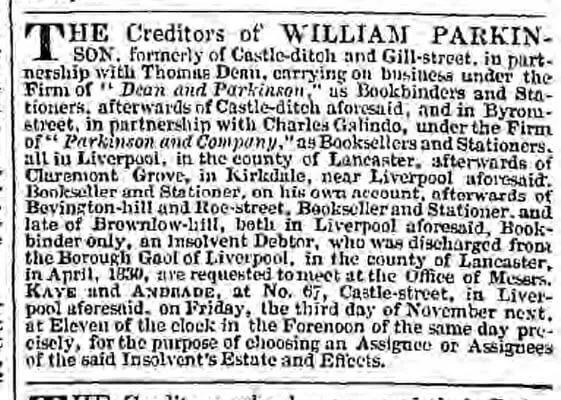 parkinson creditors liverpool mercury friday 20 october 1837
