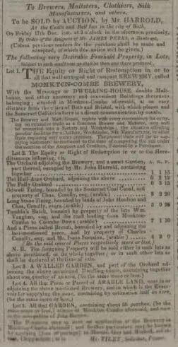 sale of monkton combe brewery bath chronicle and weekly gazette thursday 2 december 1824