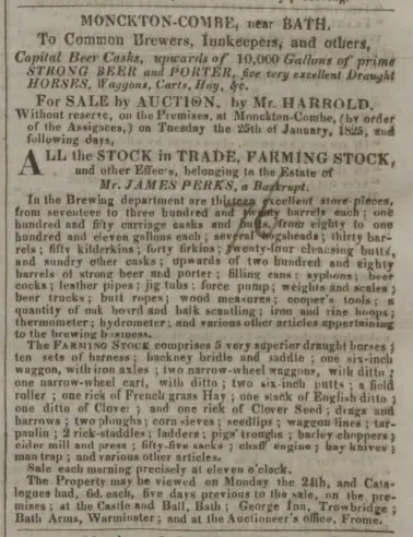 sale of monkton combe brewery bath chronicle and weekly gazette thursday 20 january 1825