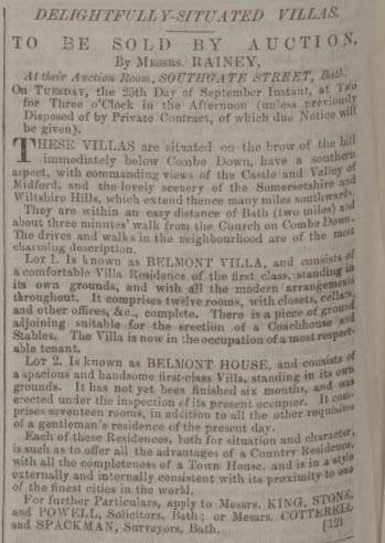 Belmont Villa and Belmont House up for sale just after being built - Bath Chronicle and Weekly Gazette - Thursday 6 September 1855