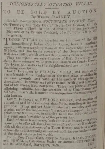 belmont villa and belmont house up for sale just after being built bath chronicle and weekly gazette thursday 6 september 1855