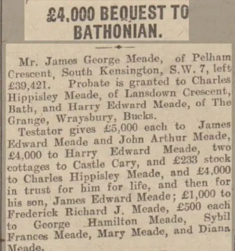 bequest to harry edward meade bath chronicle and weekly gazette saturday 1 february 1930