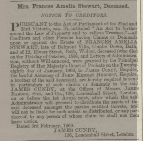 Claims on the estate of Mrs Frances Amelia Stewart - Bath Chronicle and Weekly Gazette - Thursday 11 February 1869