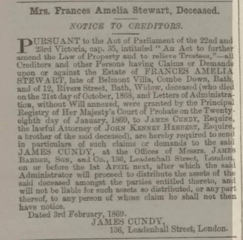 claims on the estate of mrs frances amelia stewart bath chronicle and weekly gazette thursday 11 february 1869
