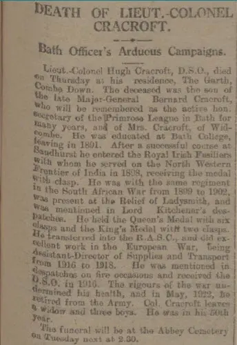 death of lt col cracroft bath chronicle and weekly gazette saturday 12 may 1923