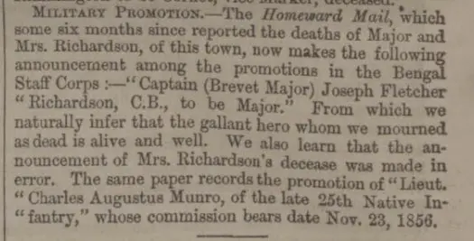 death of maj richardson retracted north devon journal thursday 25 december 1862