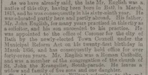 Extract from obituary of Alban H English - Bath Chronicle and Weekly Gazette - Thursday 13 December 1883