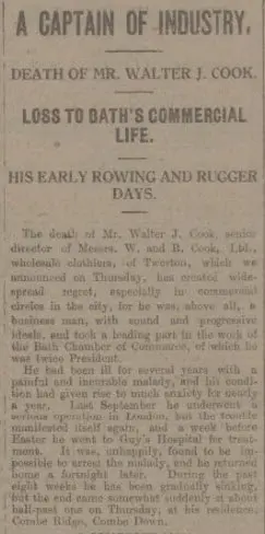extract from obituary of walter john cook bath chronicle and weekly gazette saturday 20 june 1925