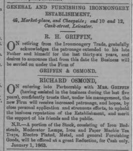Formation of Griffin & Osmond - Leicester Journal - Friday 2 January 1863