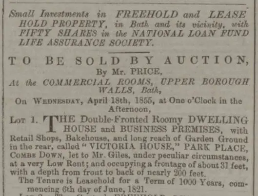 auction of victoria house park place combe down bath chronicle and weekly gazette thursday 29 march 1855