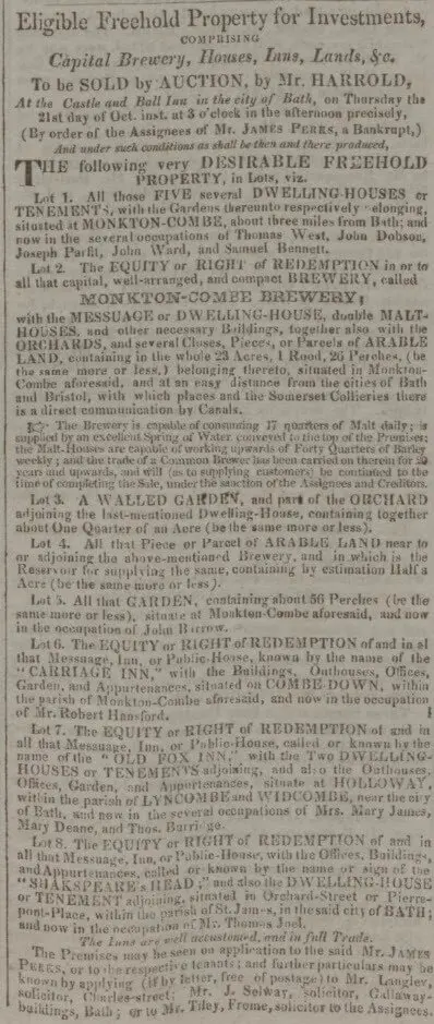 carriage inn for sale by monkton combe brewery bath chronicle and weekly gazette thursday 14 october 1824
