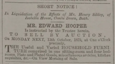 sale of henry sibley effects isabella house combe down bath chronicle and weekly gazette thursday 9 october 1879