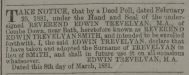 trevelyan name change bath chronicle and weekly gazette thursday 10 march 1881