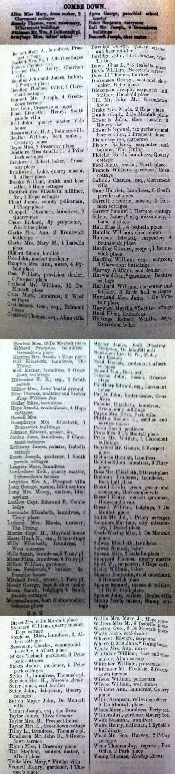 1860 Post Office Directory for Combe Down