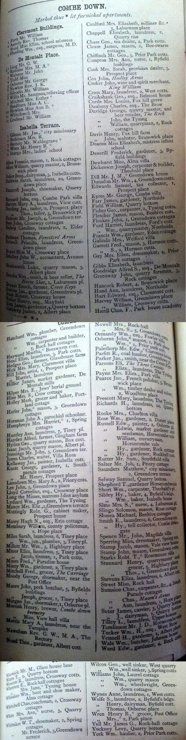 1870 Post Office Directory for Combe Down