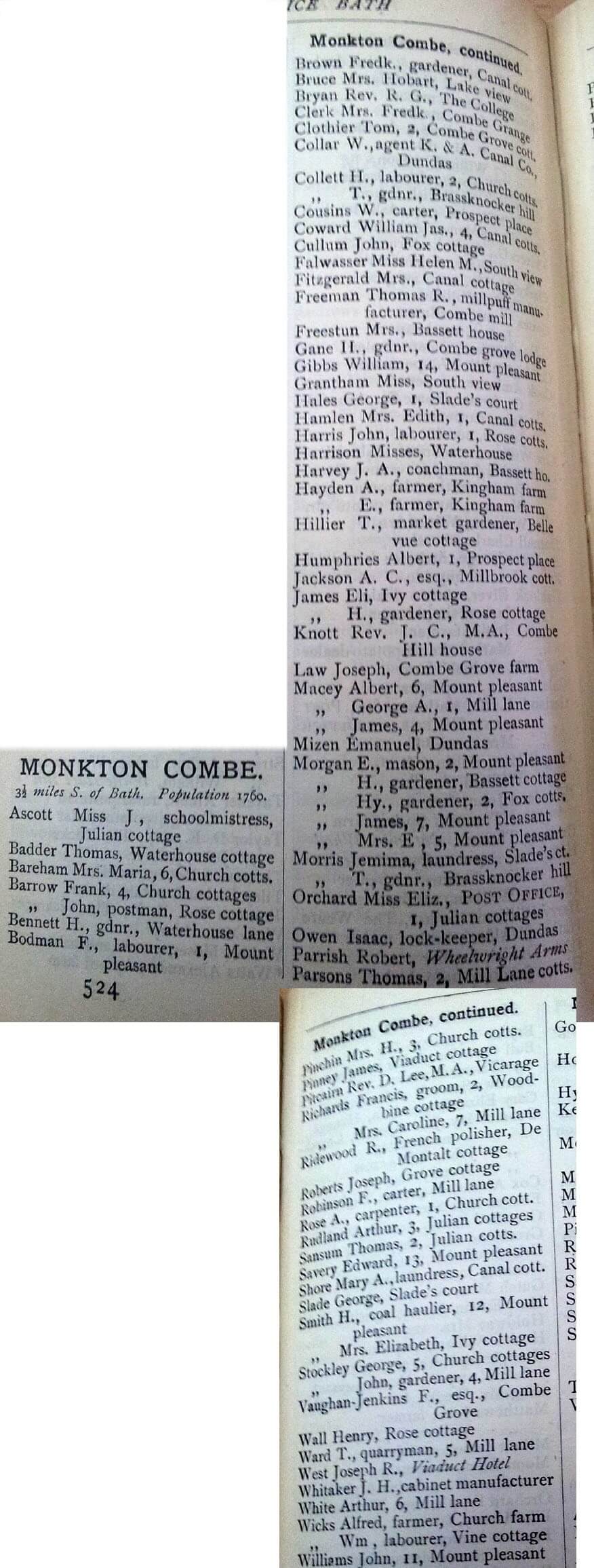 1892 Post Office Directory for Monkton Combe