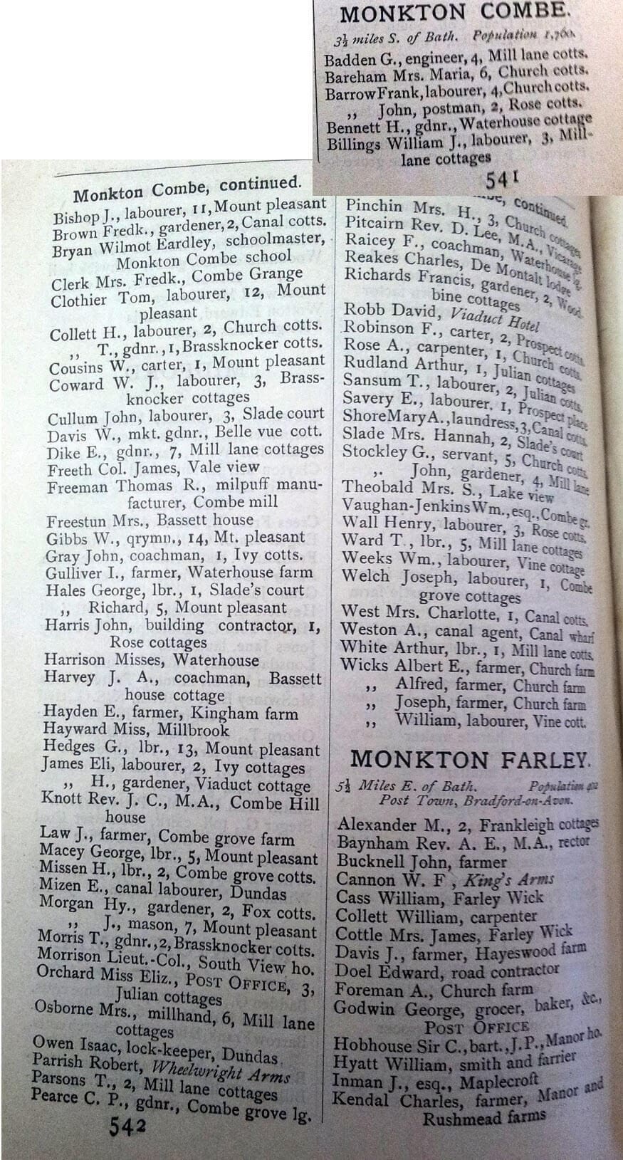 1896 Post Office Directory for Monkton Combe