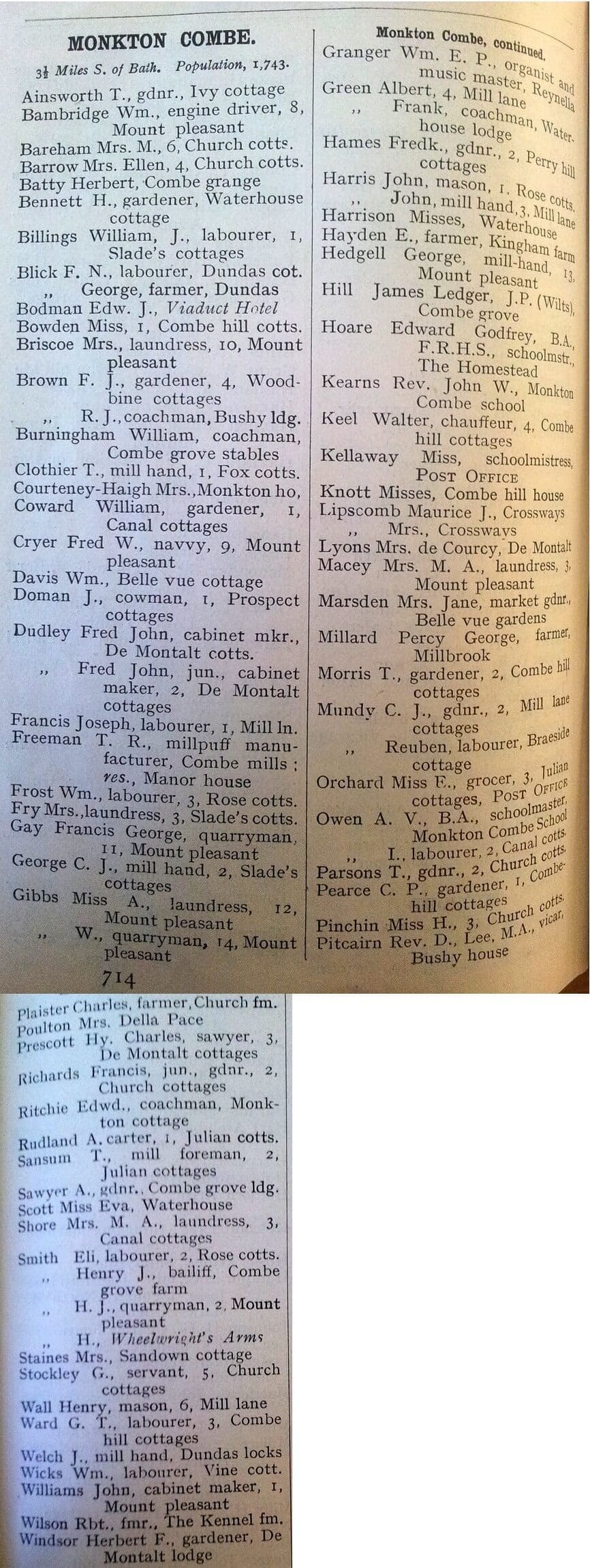 1910 Post Office Directory for Monkton Combe