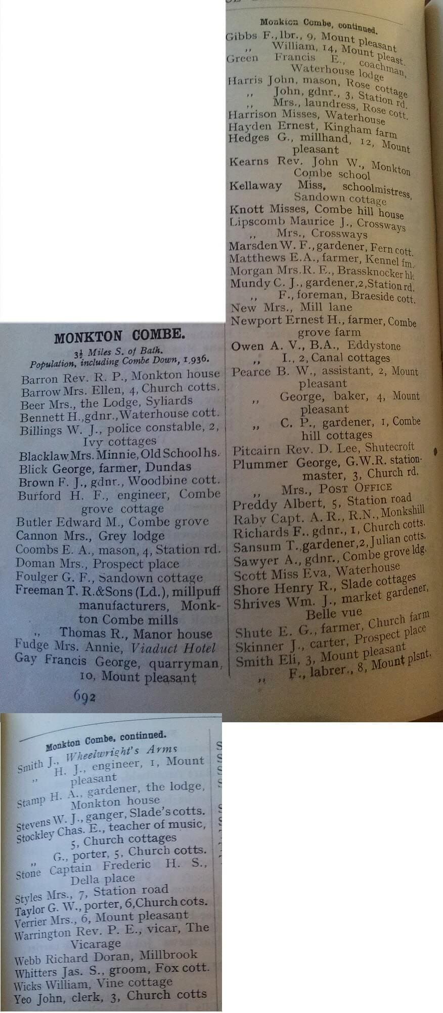 1920 Post Office Directory for Monkton Combe