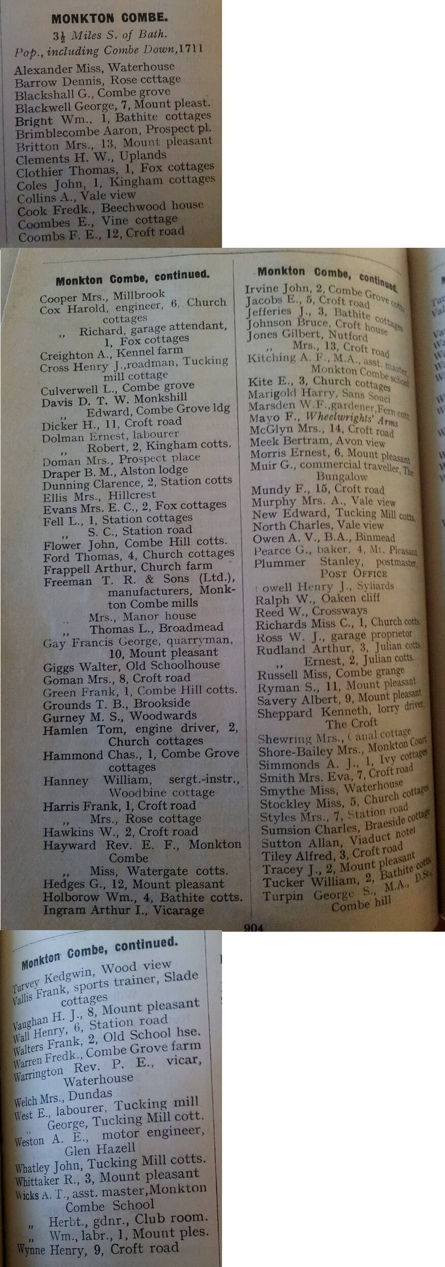 1940 Post Office Directory for Monkton Combe