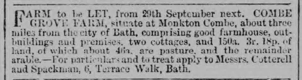 combe grove farm to let bath chronicle and weekly gazette thursday 29 august 1878