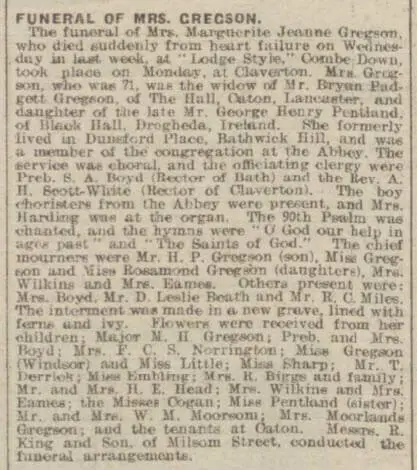 funeral of mrs marguerite jeanne nee pentland gregson bath chronicle and weekly gazette saturday 15 march 1919