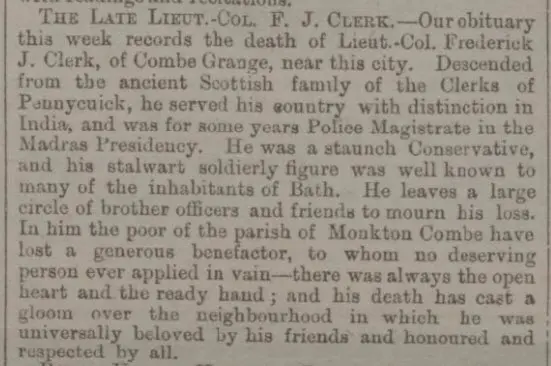lt col clerk combe grange bath chronicle and weekly gazette thursday 25 december 1873