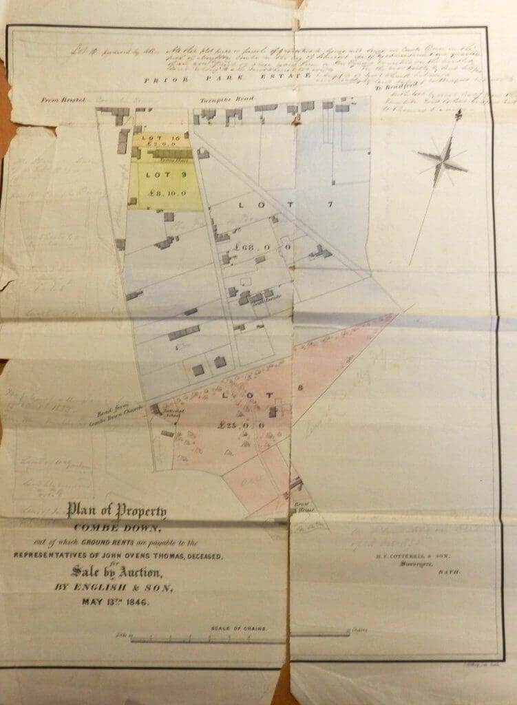 Map of Combe Down plots for sale from estate of John Oven Thomas in 1846