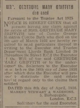 mrs gertrude mary griffith bath chronicle and weekly gazette saturday 16 april 1938