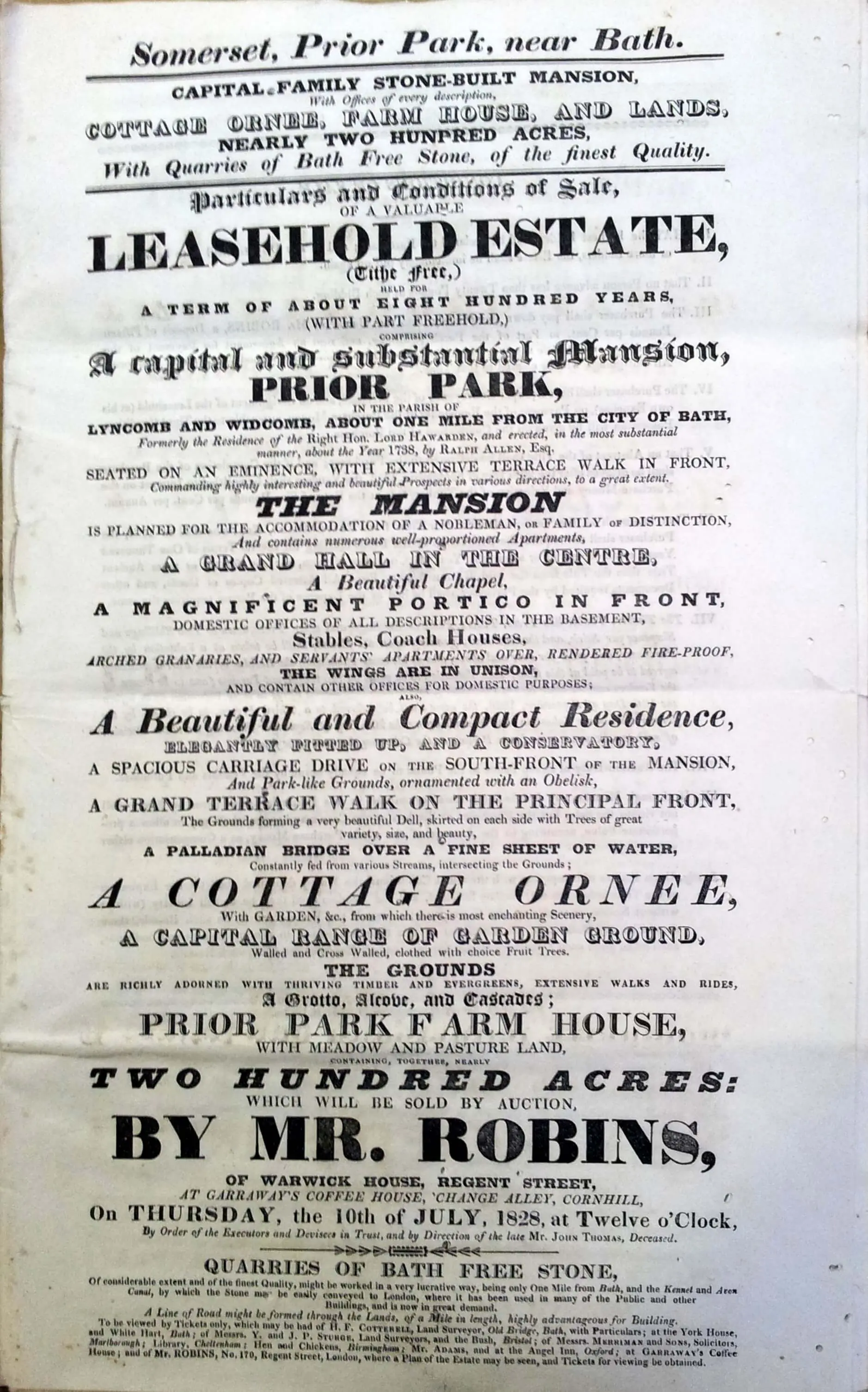 sale of prior park 10 july 1828