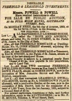 2, 3, 4 Greendown Place for sale - Bath Chronicle and Weekly Gazette - Thursday 5 August 1869
