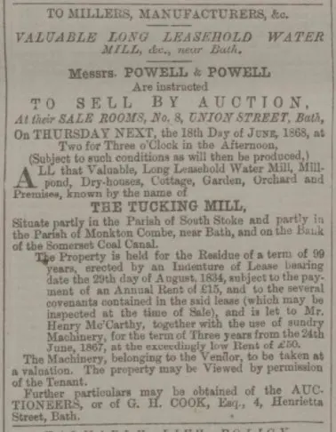 Tucking Mill for sale - Bath Chronicle and Weekly Gazette - Thursday 11 June 1868
