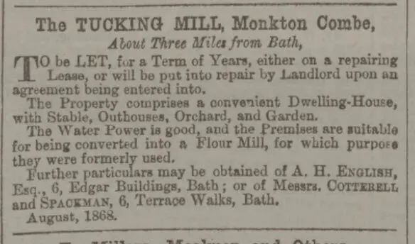 Tucking Mill to let - Bath Chronicle and Weekly Gazette - Thursday 27 August 1868