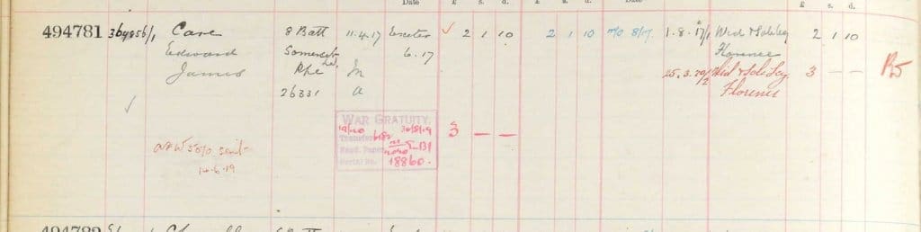 UK, Army Registers of Soldiers' Effects, 1901-1929 for Edward James Care
